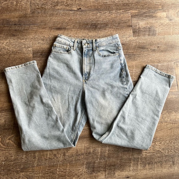 Blue wash mom jeans bird embroidery